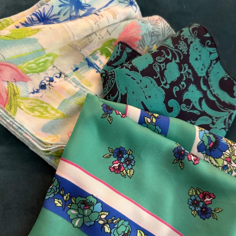 Vintage Floral and‎ Tropical Scarf Lot of 3 Green Blue Pink Teal Bundle